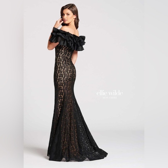 Ellie wilde Mon Cheri black ruffle lace off shoulder elegant dress beading lined - Picture 2 of 12